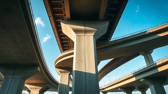 nationalizing. Massive bridge pillar supporting elevated roadway with architectural detail in daylight. real-estate listings.