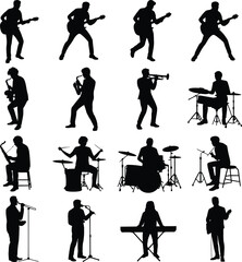 Obraz premium Musician silhouettes set, band playing instruments vector icons