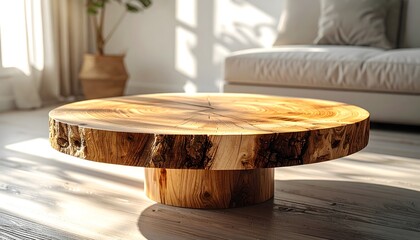Fototapeta premium Empty wooden table background surface. Reclaimed Oak Coffee Table Under Afternoon Light mockup for product display