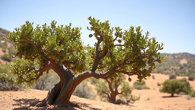 epilogue. A lone argan tree stands in the Moroccan landscape, its gnarled trunk and green leaves under the sun. travel magazines, destination branding, designed for travel destination branding.