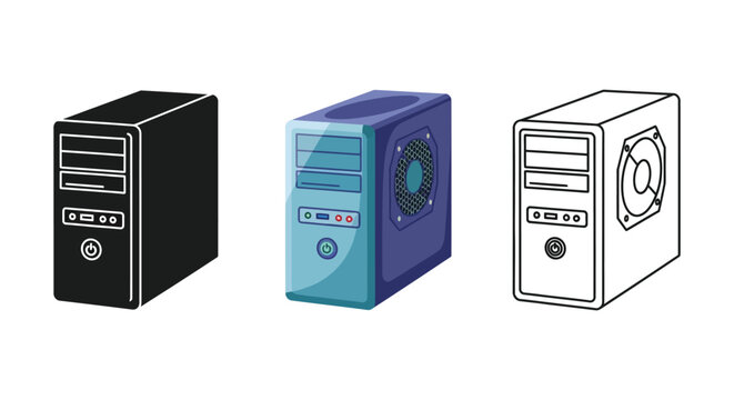 Set of three computer tower icons in solid black, color, and outline styles