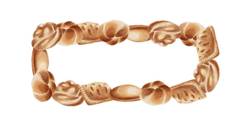 Rectangular banner with watercolor buns. Golden pastries are perfect for culinary projects. Food illustration.