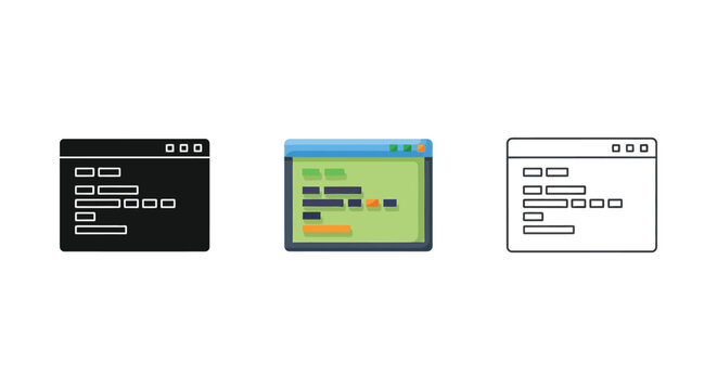 Set of three browser window icons for coding in solid black, color, and outline styles