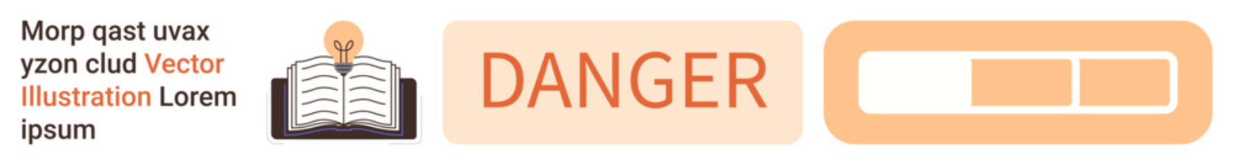 Safety alert, progress tracking, education, warning notifications, risk management, information processing. Open book with bulb, danger text and orange progress bar. Safety alert progress tracking © robu_s