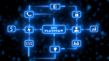 Digital API Platform Network with Icons and Connections on Dark Background Keywords: api platform, network, digital, technology, connection, information, system, data, business, finance