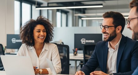 Diverse professionals laughing while collaborating at a laptop in a modern office meeting room.