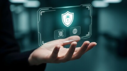Hand Holds Digital Screen Displaying Security and Global Network Icons