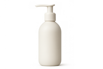 White plastic pump bottle for liquid soap, hand sanitizer, lotion, washing gel or shampoo against transparent background