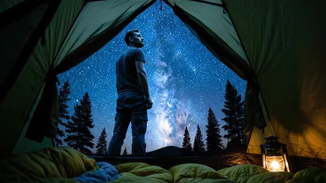Male traveler stands under the glorious starry night sky viewing the Milky Way