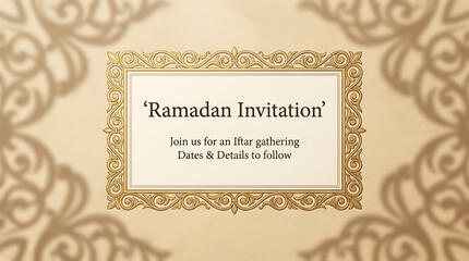 Ramadan Invitation Card with Elegant Golden Frame and Islamic Pattern Background.