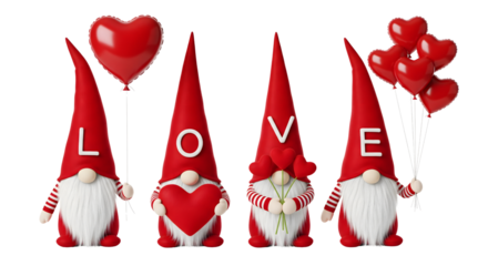 Four gnomes spelling love with heart balloons