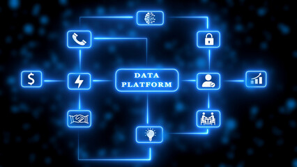 Digital Data Platform Network with Icons and Connections on Dark Background Keywords: data platform, network, digital, technology, connection, information, system, data, business, finance