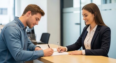 Obraz premium Young man in denim shirt signing contract with female bank teller at desk