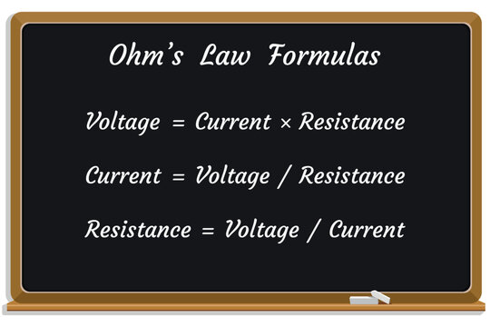 Ohm's Law on a black chalkboard. Education. Science. Formula. Vector illustration.