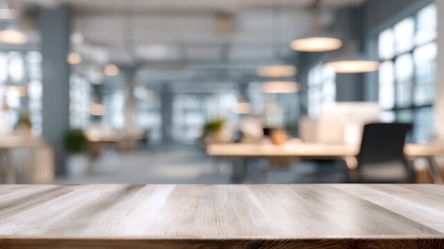 Modern office interior with empty wooden desk in focus and blurred open workspace in the background. Bright lighting and contemporary design create a productive and inviting atmosphere