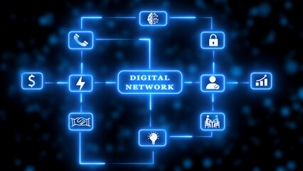 Digital Network Flowchart with Technology and Business Icons Keywords: digital network, technology, business, connection, communication, data, security, finance, innovation, collaboration, growth