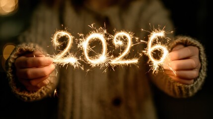 Close-up of hands holding sparklers creating light trails spelling 2026, dark background with warm golden