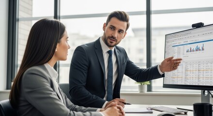 Young man in suit points to data charts on monitor while consulting with woman in office