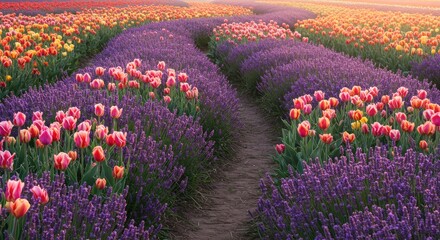 Obraz premium Serene Lavender and Tulip Field at Sunrise: A Path of Pastel Hues