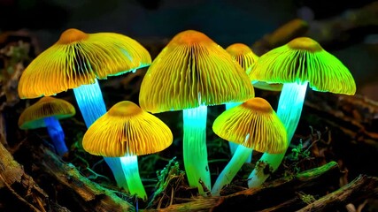 Bioluminescent mushrooms glow intensely with vibrant yellow and neon green caps illuminating dark forest floor debris and decaying wood structures