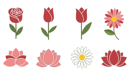 Collection of eight stylized floral icons featuring roses, tulips, daisies, and lotuses in shades of pink and red, set against a white background