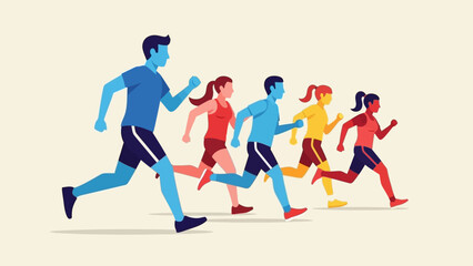 Diverse group of athletes participating in a competitive running race, showcasing fitness and healthy lifestyle choices