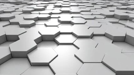 A dynamic and futuristic abstract background featuring an intricate pattern of white and light gray hexagonal shapes rising and falling creating a mesmerizing threedimensional surface with subtle sha. - Powered by Adobe