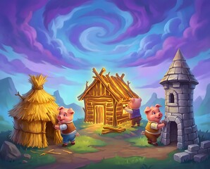 Three Little Pigs Building Houses, Fairy Tale Scene, Cartoon Pig Illustration