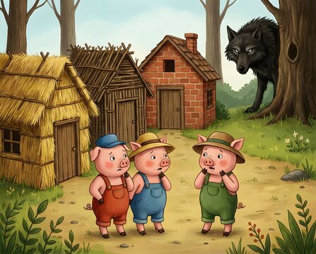 Three Little Pigs and the Wolf, Fairy Tale Illustration, Cartoon Animal Scene