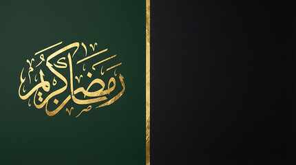 Ramadan Kareem Arabic Calligraphy on Green and Black Background with Golden Line.