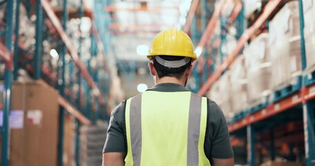Back, man and walking for logistics in warehouse for inspection, quality control and supply chain. Person, storage or stock check for export, inventory management and supervisor of cargo distribution - Powered by Adobe