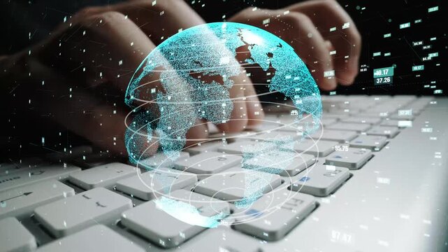 Close-up of hands typing on a keyboard with a 3D globe overlay, symbolizing global connectivity and the digital landscape in a modern workspace. Xenic