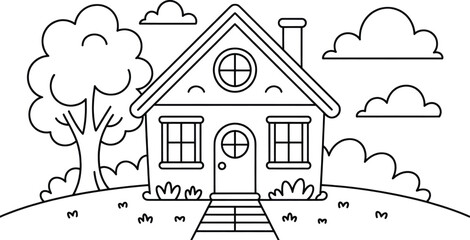 Simple outline drawing of a cozy house with a tree and clouds offering clear space for educational or coloring book use.