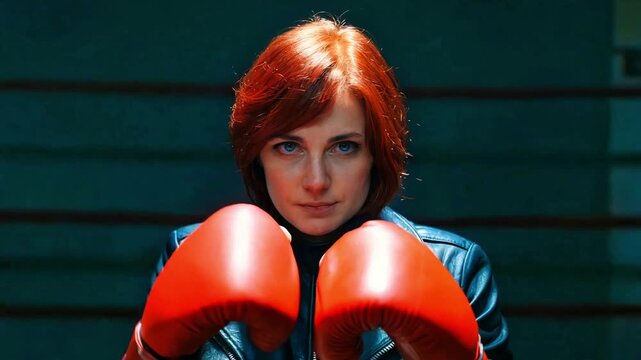 Intense portrait of a determined female boxer with vibrant red hair wearing a leather jacket and bright red boxing gloves inside a dimly lit ring