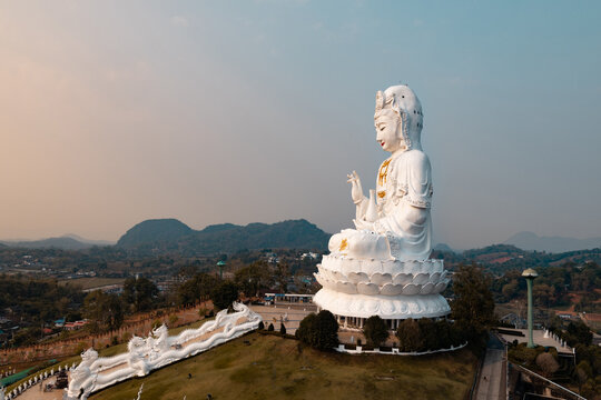 Giant white Guanyin statue (Goddess of Mercy) at Wat Huay Pla Kang in Chiang Rai, Thailand