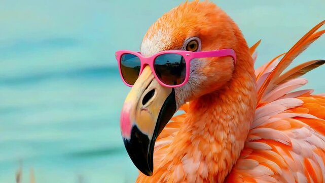 Vibrant orange flamingo wearing bright pink sunglasses poses coolly against a soft turquoise water background for a tropical summer vibe