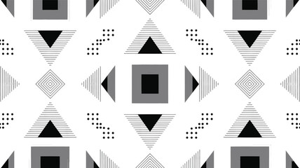 Abstract geometric seamless pattern using black, white, and gray triangles and squares for modern textile or wallpaper design.