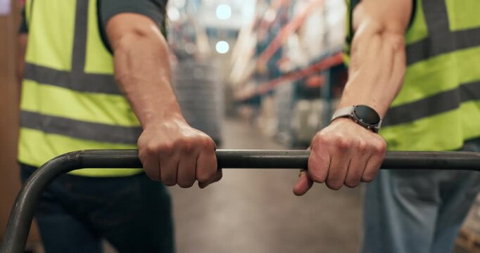 Logistics, men and hands with trolley in warehouse for transport, backlog control or delivery. Below, shipping picker and cart in factory for inventory export, storage management or supply chain