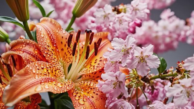 Macro shot of dew-kissed orange lily and delicate pink blossoms