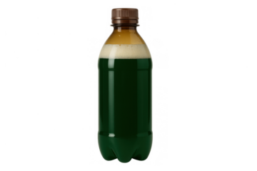 Green bubbly soda drink in clear plastic bottle with brown cap, refreshing carbonated beverage, transparent background