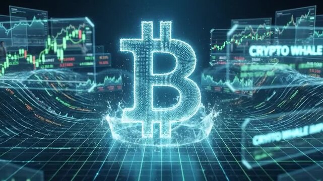 A futuristic digital Bitcoin symbol glows brightly, surrounded by financial cryptocurrency market charts and data, illustrating global blockchain technology.