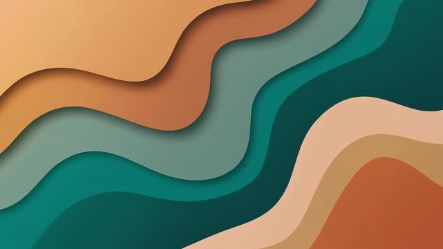Abstract layered background with smooth, flowing organic shapes in a modern paper-cut style, featuring a harmonious blend of earthy, natural, and calming tones