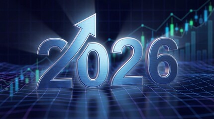 Blue metallic year 2026 with upward arrow against stock chart