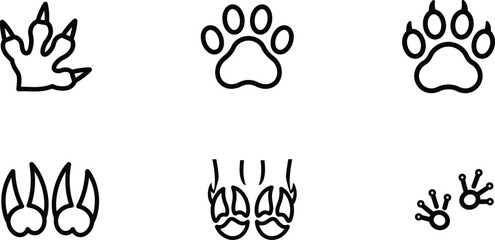 Various animal paw prints and footprints in black outline on transparent background