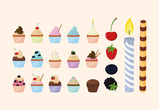 Colorful Cupcake Dessert Sweets Bakery Illustration Set
