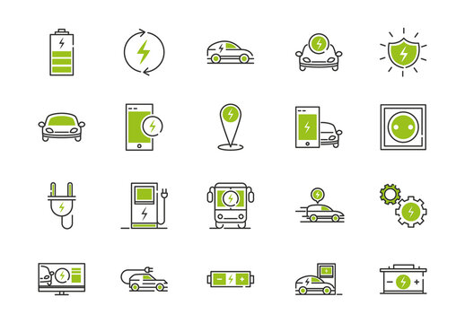 Green Electric Car Icons Set