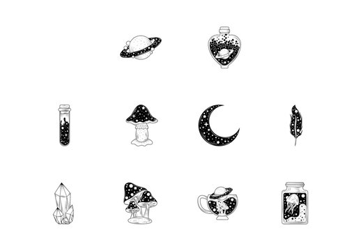 Black Surreal Astrology Magic Illustration Set