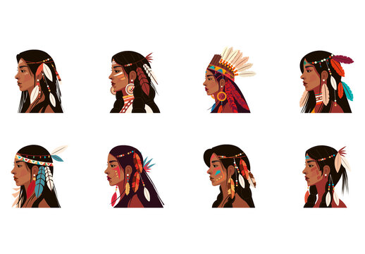 Colorful Native American Girl Cultural Portrait Illustrations Set