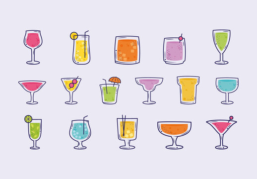 Colorful Beverages Cocktail Drinks Doodle Icon Set