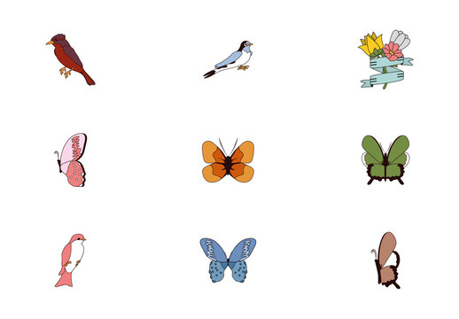 Colorful Birds Butterflies Animals Illustrations Set